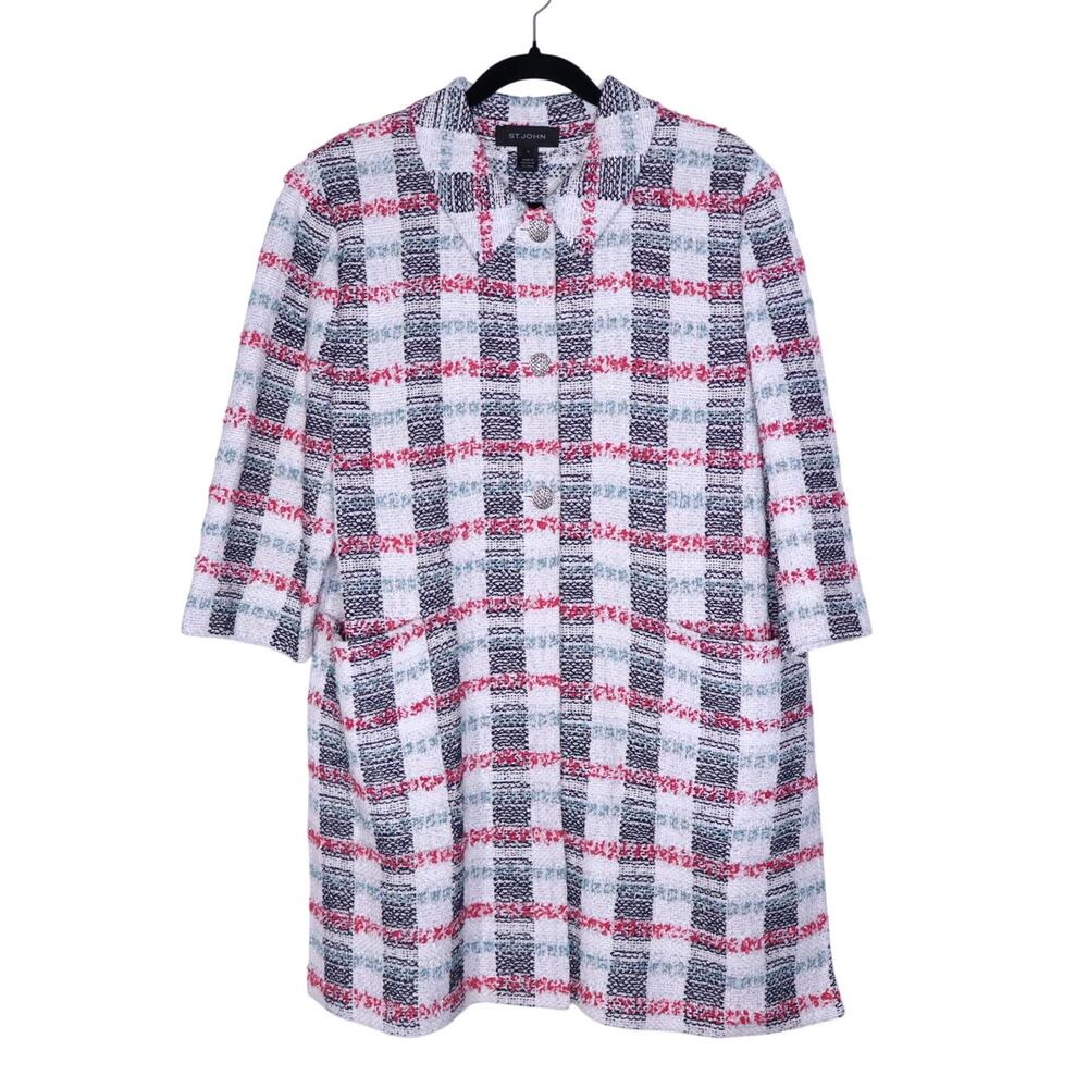 ST. JOHN Plaid Longline Jacket Multicolor Tweed Straight Cut Unlined Women's 18